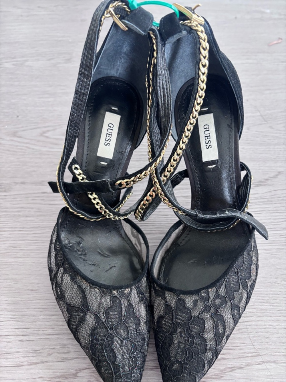 GUESS Black Lace Pointed-Toe Heels with Gold Chain Ankle Straps
